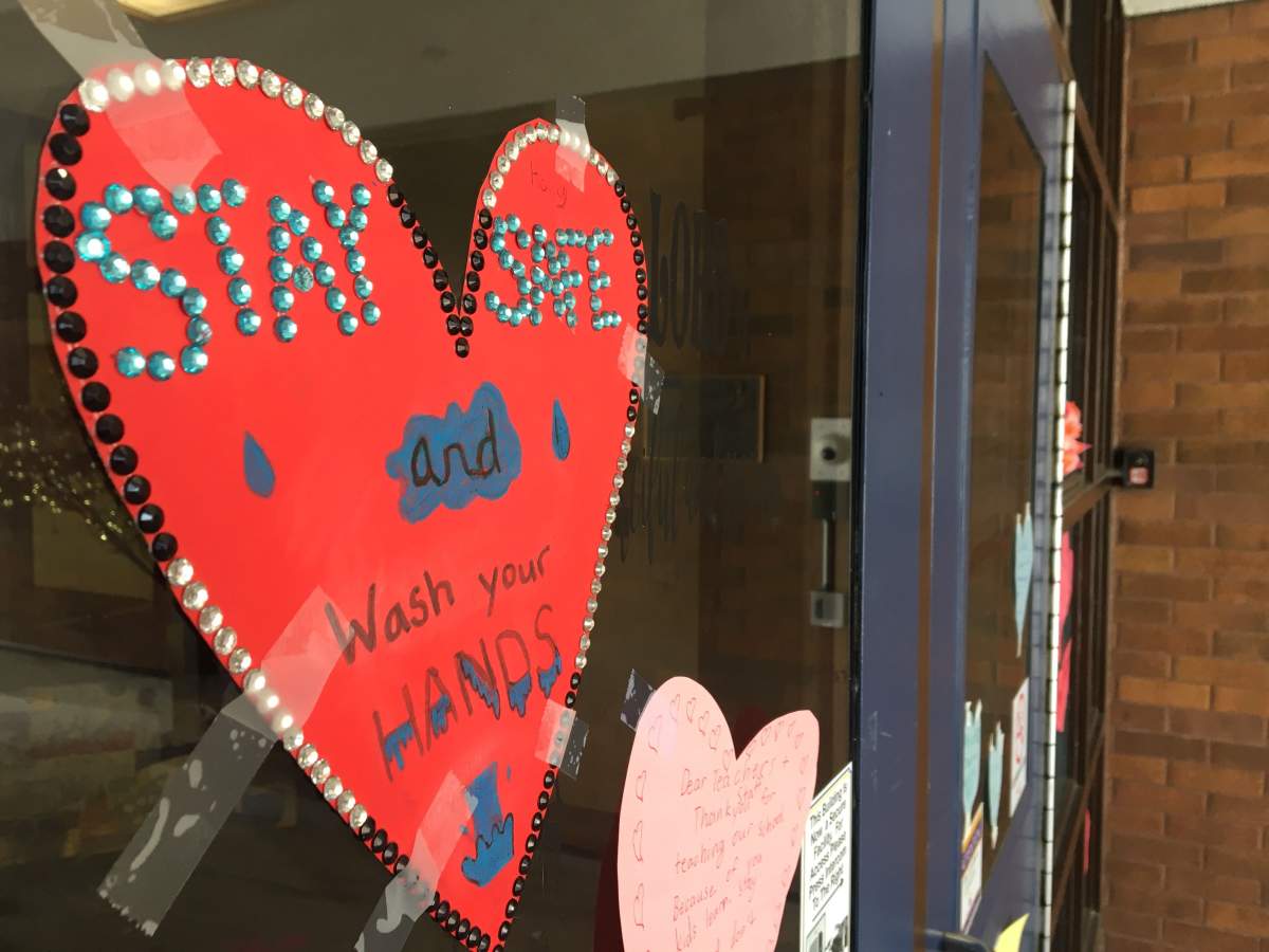 Sweet messages were left by students, parents and families on the doors at St. Mary Catholic School in southwest Edmonton’s Riverbend area on Tuesday, March 31, 2020.