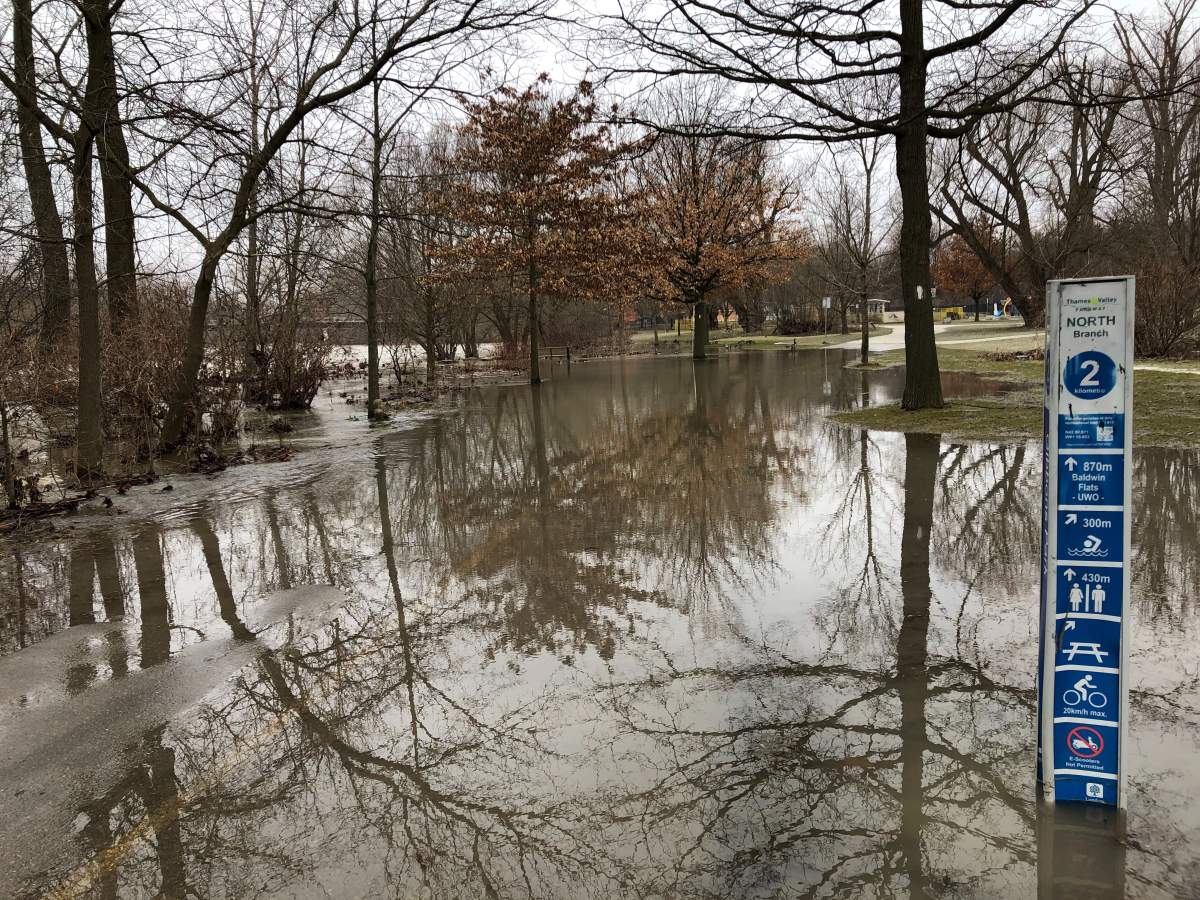 A section of the Thames Valley Parkway inside Gibbons Park that saw flooding on Wednesday morning.