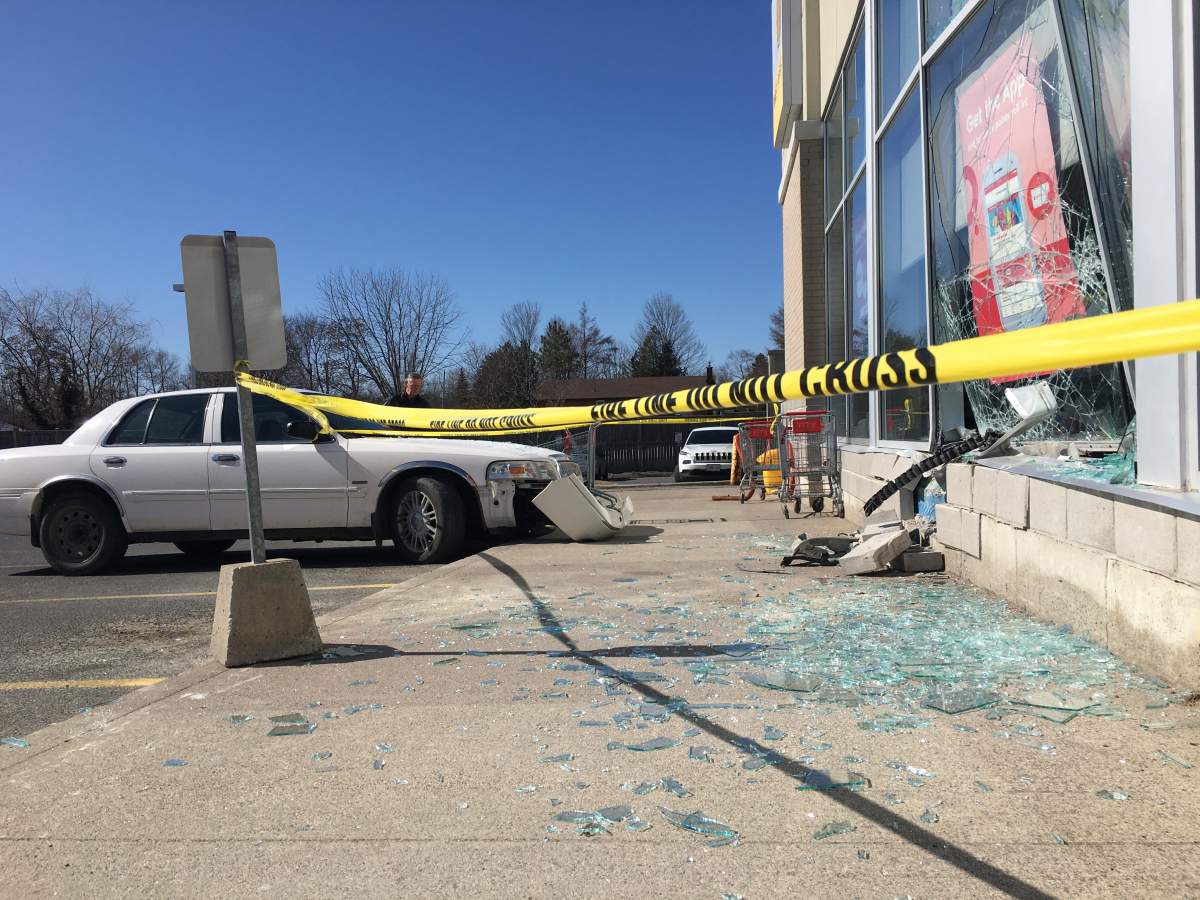 A man and woman were not injured after a vehicle they were in drove through the front window  of a Shoppers Drug Mart on Chemong Road in Peterborough on Sunday morning.