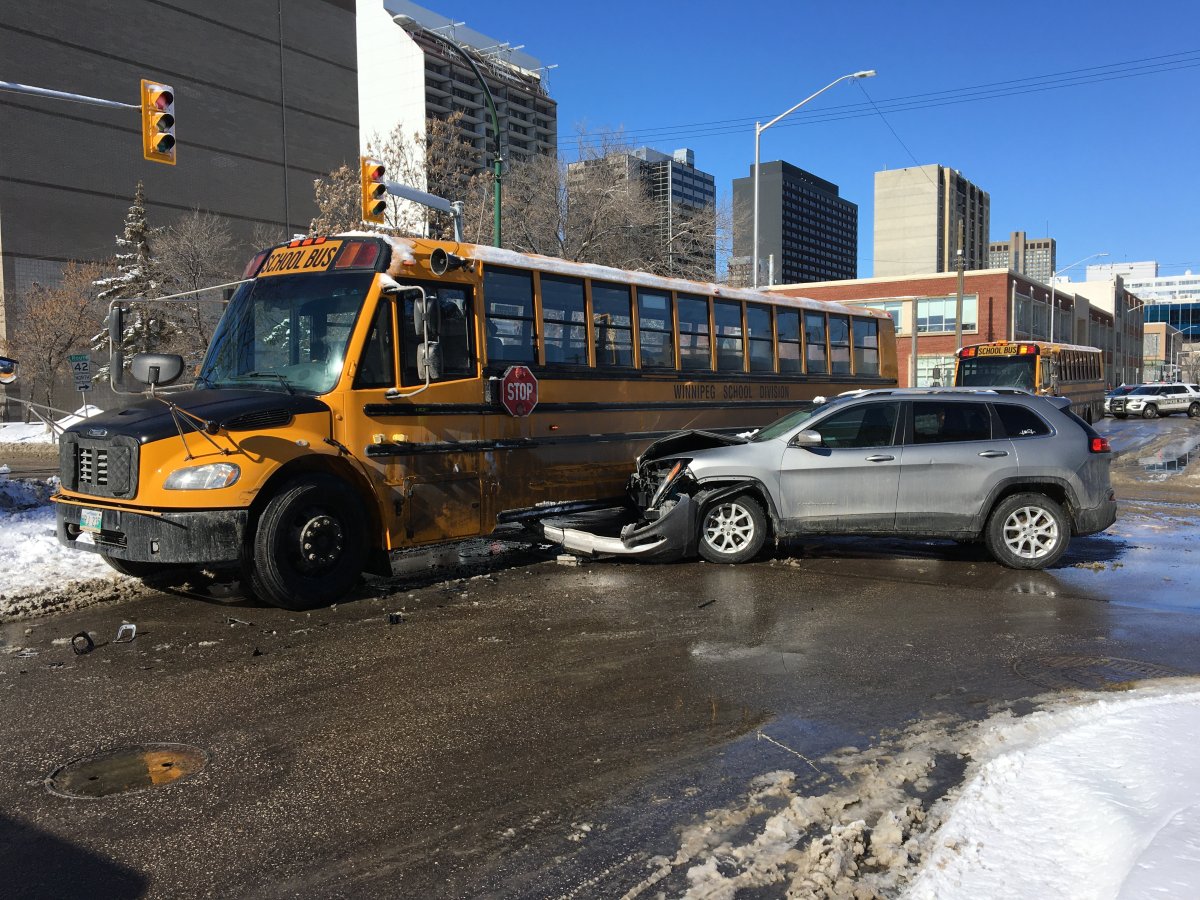 A school bus and an SUV collided Thursday morning in downtown Winnipeg at the corner of Broadway and Garry Street.