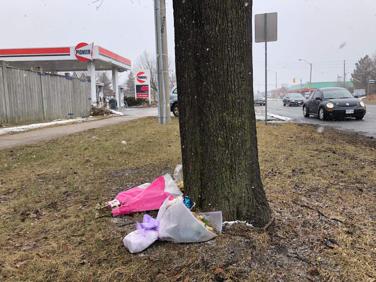 A makeshift memorial at the spot Hang-Kam Annie Chiu was attacked by a man armed with a hammer on Feb. 21, 2020.