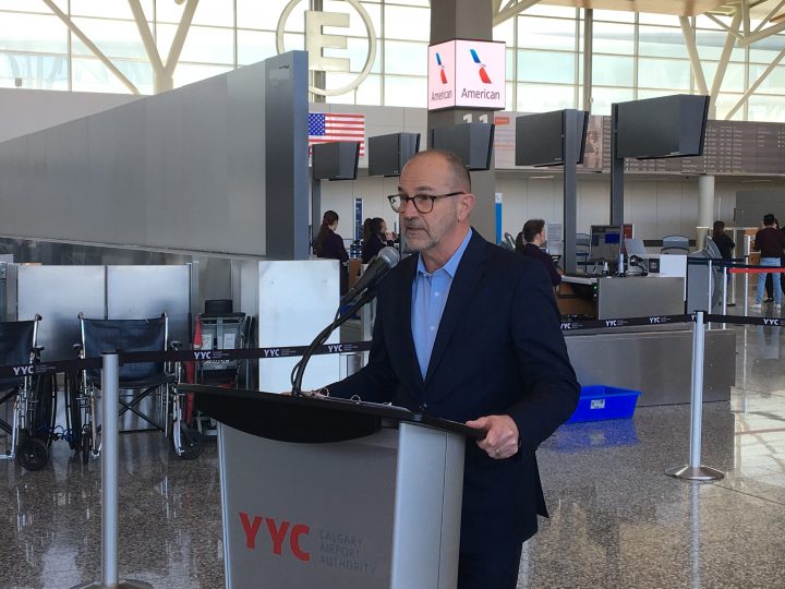 Calgary Airport Authority president and CEO Bob Sartor speaks to media on Monday, March 16, 2020.