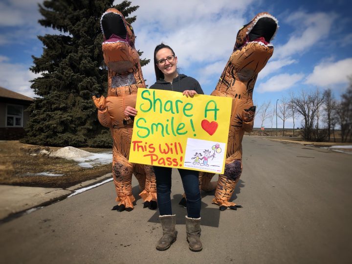 Ashley Austman, centre, and two fellow staff members from the Balgonie Early Learning Centre are trying to lift spirits while the small town works through a global pandemic.