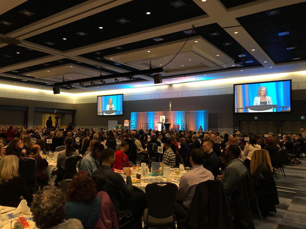 London Abused Women's Centre executive director Megan Walker addresses a packed house inside RBC Place London during the 20th annual International Women's Day Breakfast.