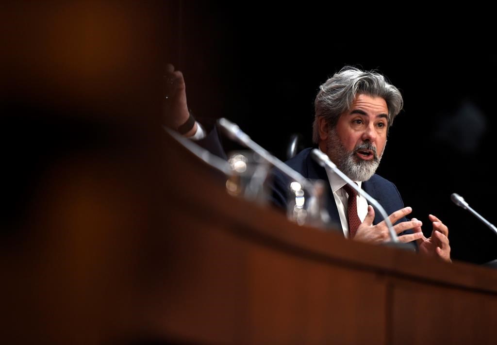 Leader of the Government in the House of Commons Pablo Rodriguez speaks at a press conference on COVID-19, at West Block on Parliament Hill in Ottawa, on Wednesday, March 18, 2020. THE CANADIAN PRESS/Justin Tang.