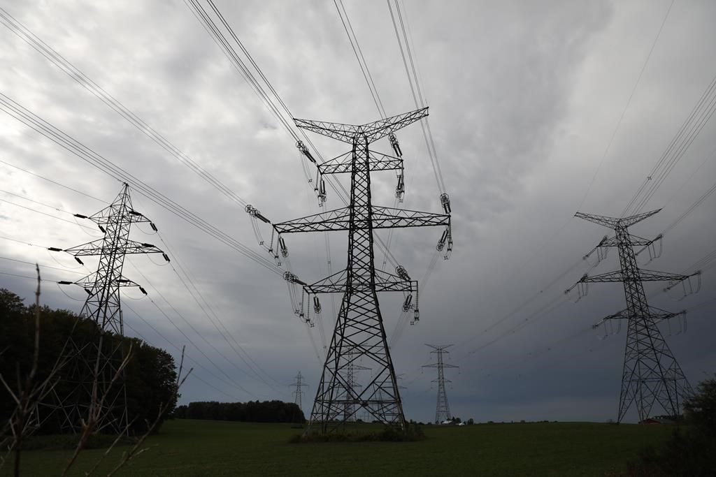 Hydro One electricity transmission lines are seen south of Chesley, Ont., on Sunday, Sept. 29, 2019.
