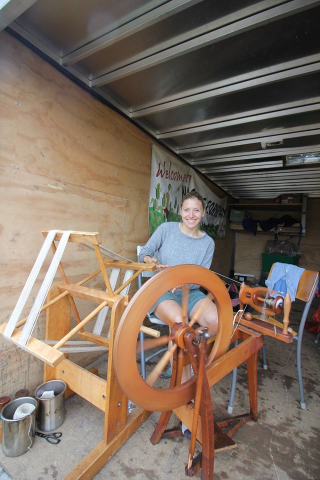 Textile designer and weaver Jennifer Green spinning flax.