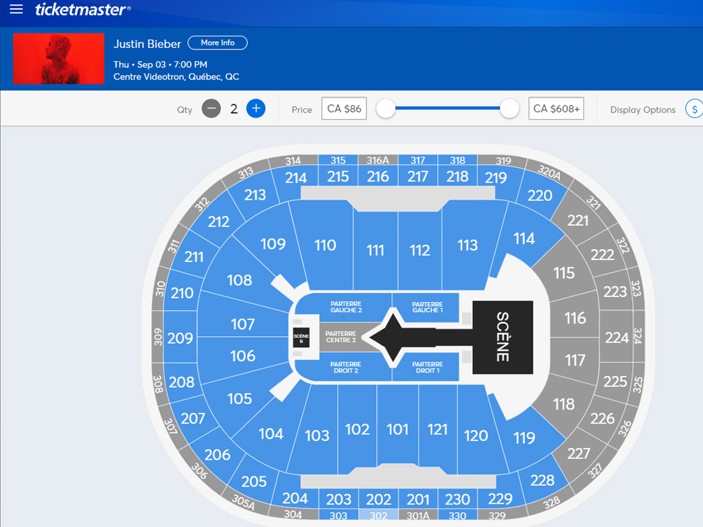 A screenshot of available seats for Justin Bieber’s ‘Changes’ World Tour at the Centre Videotron in Quebec City. The image was captured through Ticketmaster on March 9, 2020 — more than three weeks after tickets went on sale (Feb. 14).