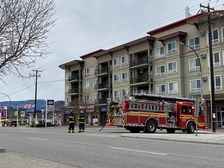 A Kelowna fire truck blocks traffic along Highway33 in Rutland on Saturday afternoon.