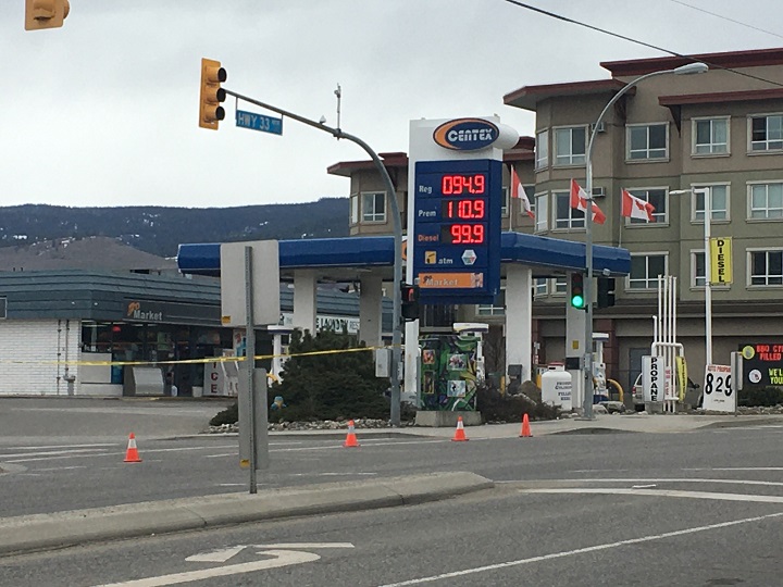 Emergency tape surrounds a gas station in Kelowna at Highway 33 and Dougall Road North.