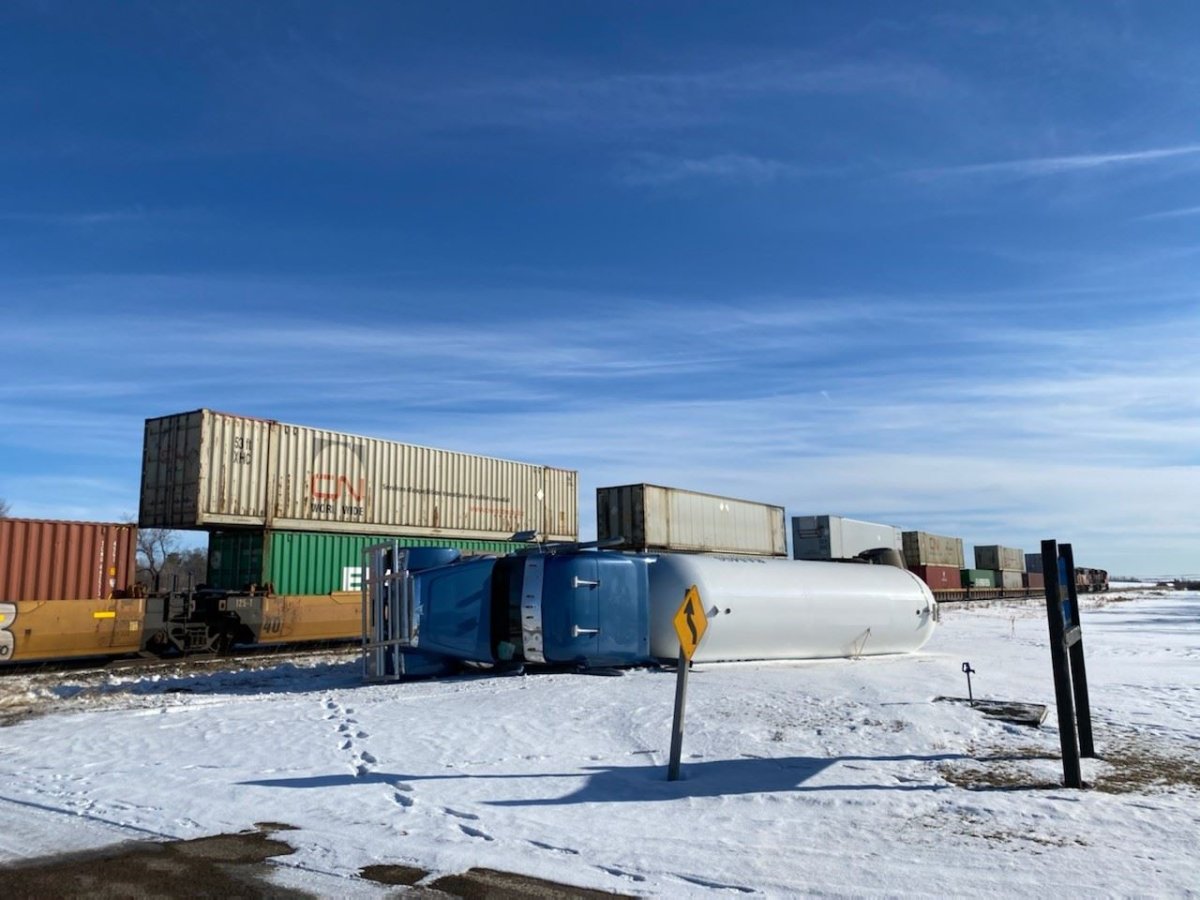 The hamlet of Swalwell, located northeast of Calgary, was evacuated from their homes after a Canadian National freight train collided with a tanker truck carrying propane on Monday, March 9, 2020. 