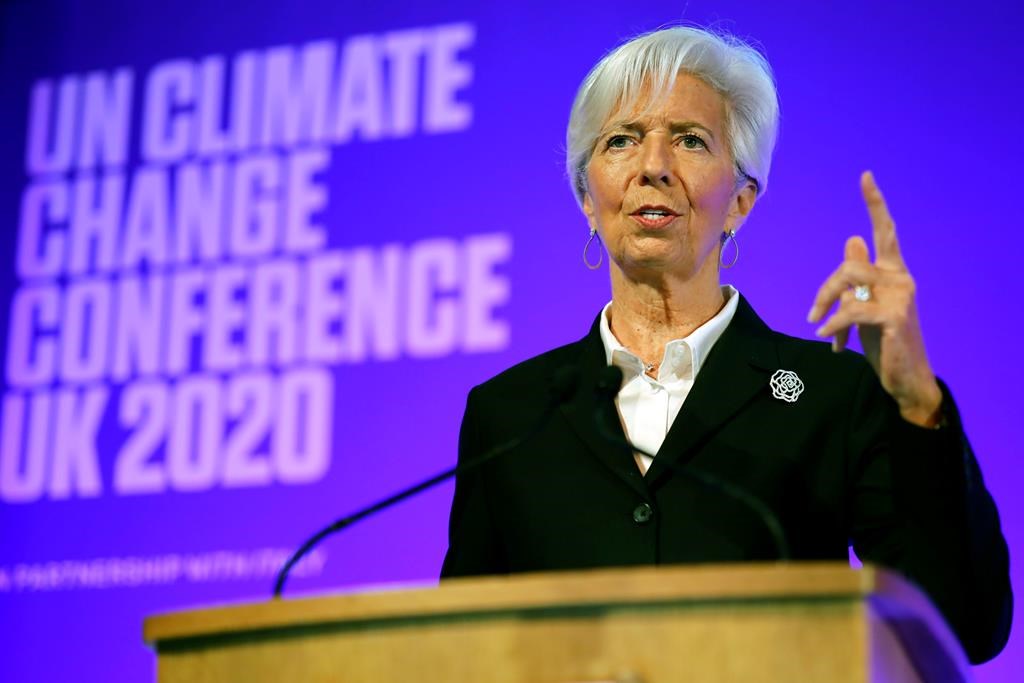 President of the European Central Bank Christine Lagarde addresses an event to launch the private finance agenda for the 2020 United Nations Climate Change Conference COP26 at Guildhall in London, Thursday Feb. 27, 2020. (Tolga Akmen/Pool via AP).