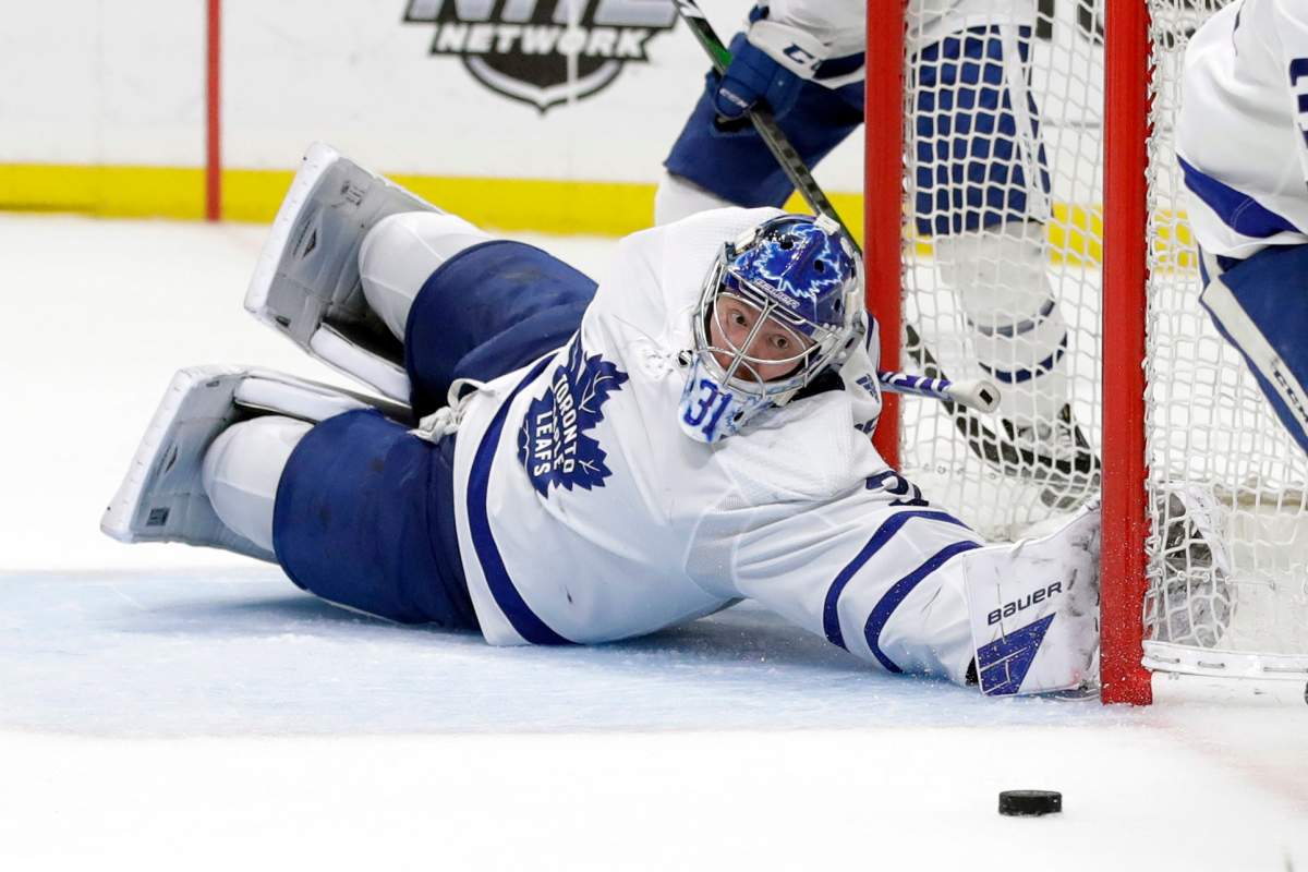 Toronto Maple Leafs goaltender Frederik Andersen stops a shot during the second period of an NHL hockey game against the Los Angeles Kings Thursday, March 5, 2020, in Los Angeles. 