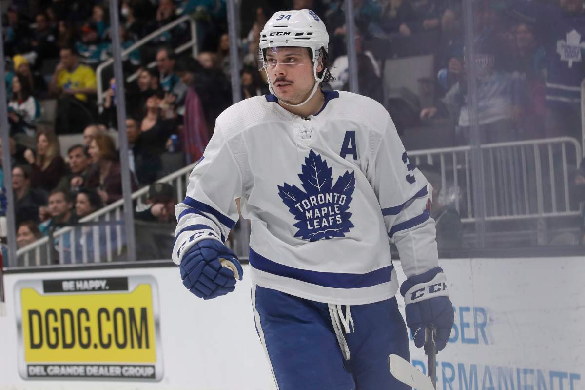 Toronto Maple Leafs centre Auston Matthews reacts after scoring a goal against the San Jose Sharks during the second period of an NHL hockey game in San Jose, Calif., Tuesday, March 3, 2020.