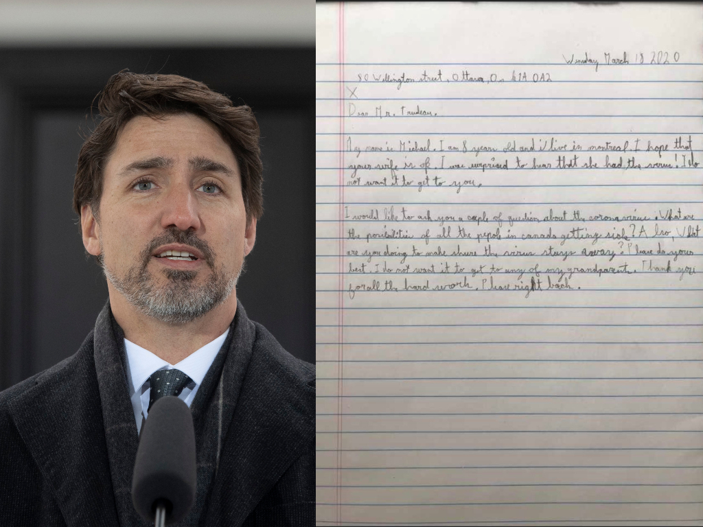 A Twitter user's eight-year-old son wrote a note to Justin Trudeau. The Prime Minister answered his questions on Twitter.