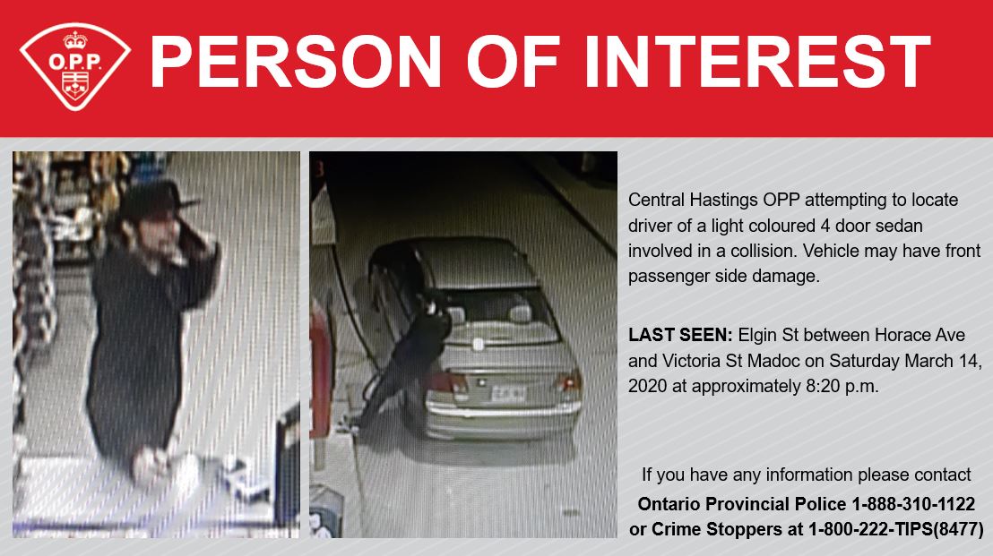 Central Hastings OPP released this image as they searched for a suspect in a hit and run in Madoc Saturday night.