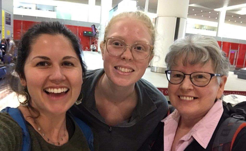 Maritimes-Guatemala Breaking the Silence workers (left to right) Indigo Christ, Laura Robinson and Lenora Yarike arrive at Pearson International Airport on March 23, 2020.
