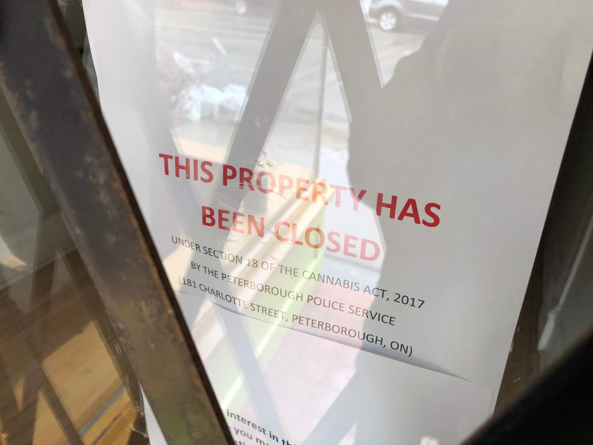 Signs posted on a Charlotte Street building where police say an illegal marijuana dispensary was operating.