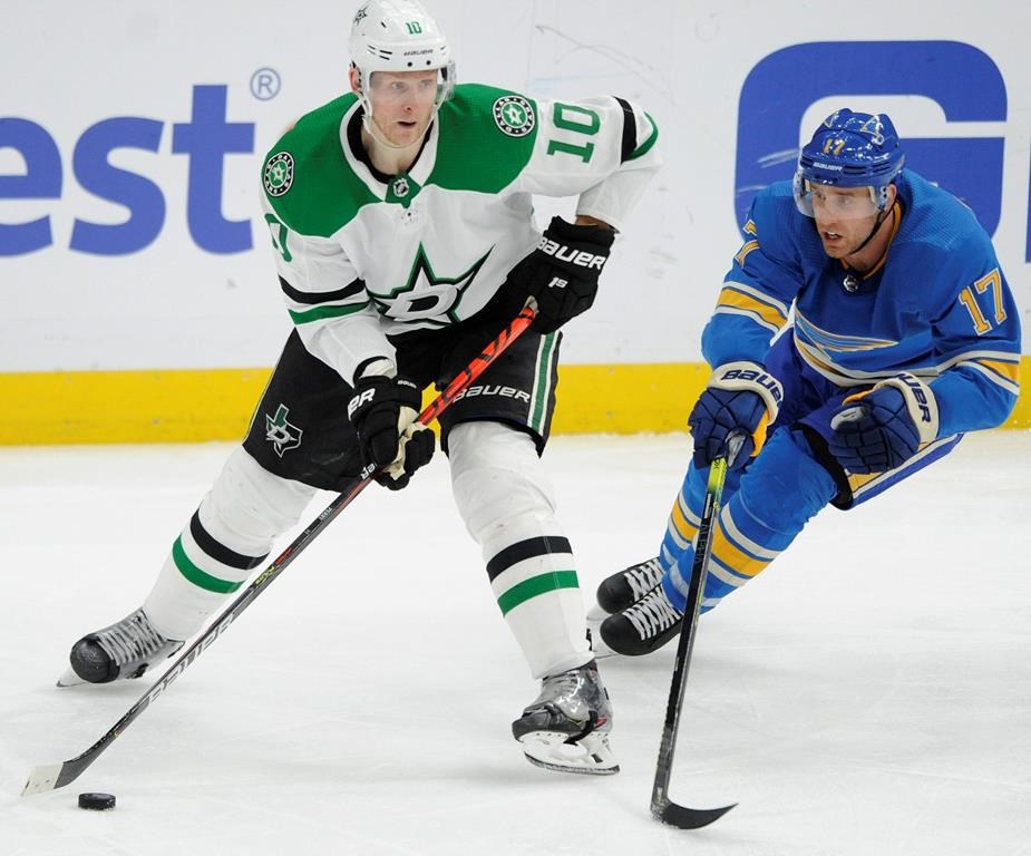 Dallas Stars' Corey Perry (10) looks to pass in front of St. Louis Blues' Jaden Schwartz (17) during the third period of an NHL hockey game, Saturday, Feb. 29, 2020, in St. Louis. (AP Photo/Bill Boyce).