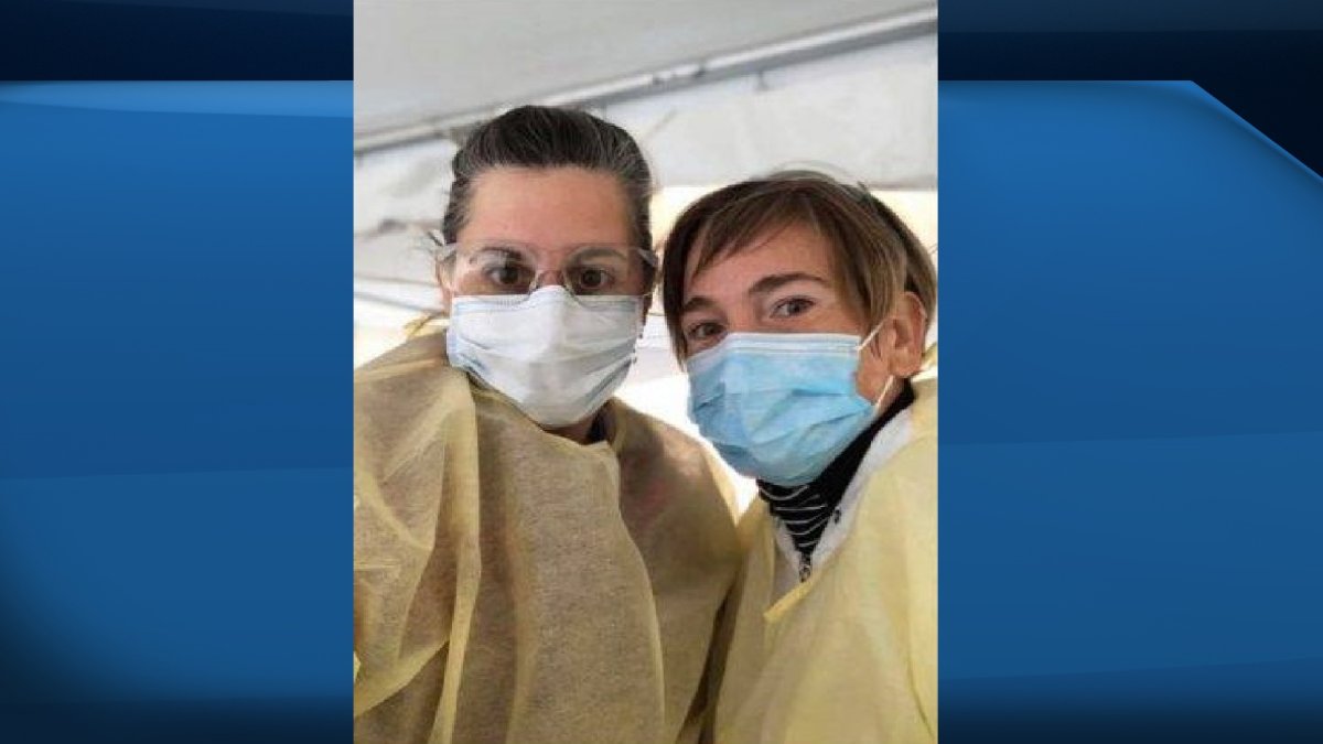 Tara (right) and fellow nurse Melissa at work. Friday March 27, 2020.