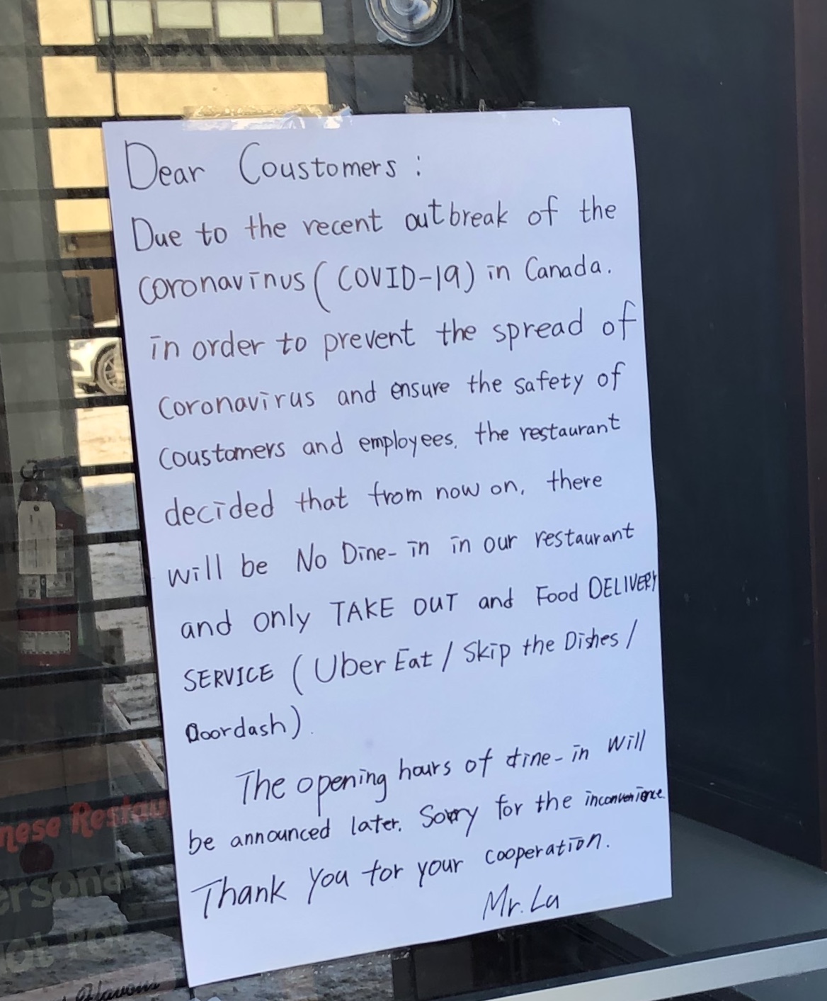 Mr. Lu Japanese Street Food posts sign on its door advising of closure