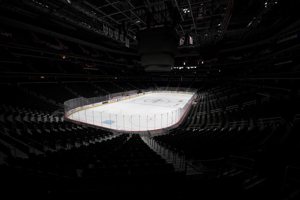 FILE - In this March 12, 2020, file photo, the Capital One Arena, home of the Washington Capitals NHL hockey club, sits empty in Washington.