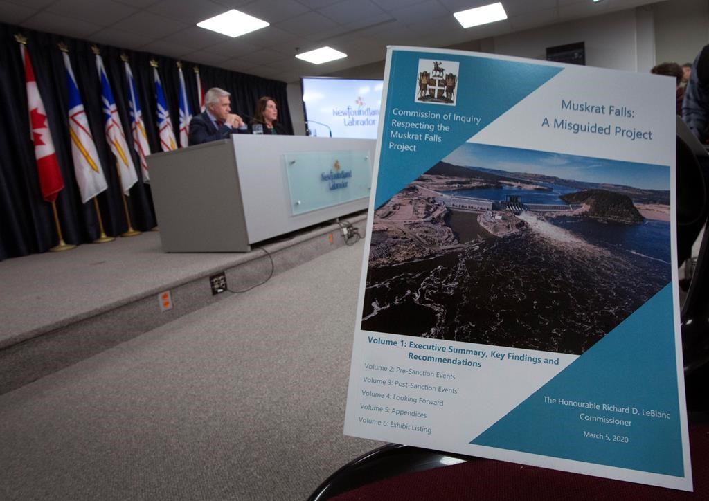 Newfoundland and Labrador Premier Dwight Ball and Natural Resources Minister Siobahn Coady release the report of the Muskrat Falls Inquiry at the Confederation Building in St. John’s on Tuesday, March 10, 2020.