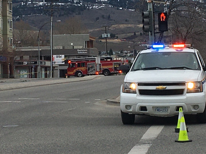 A police vehicle blocks traffic during Saturday’s incident along Highway 33.