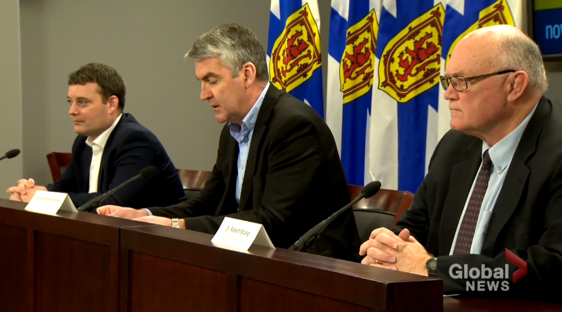 Nova Scotia Health Minister Randy Delorey, Premier Stephen McNeil and chief medical officer of health Dr. Robert Strang hold a press briefing on Thursday, March 19, 2020. 