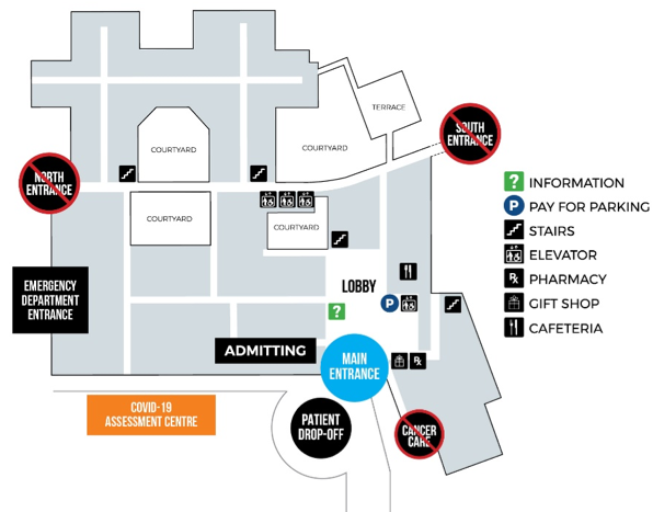 A map indicates which hospital entrances are available to the public as the facility continues to address the COVID-19 pandemic.