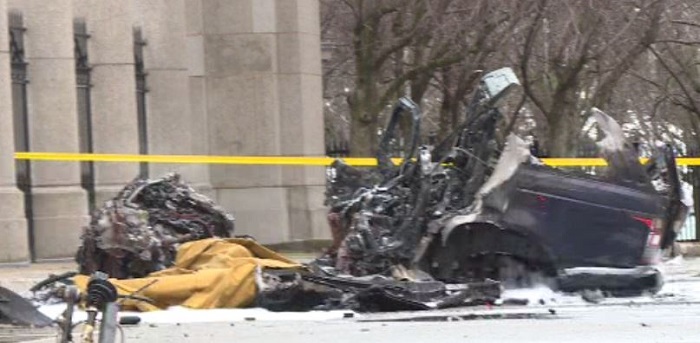 The scene of a single-vehicle collision at Toronto's Exhibition Place on Monday.
