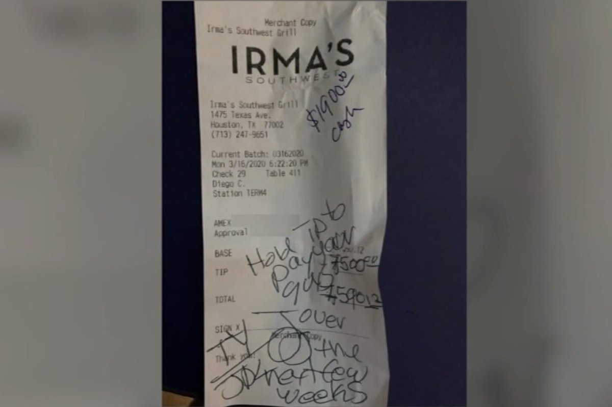 A customer left a $9,400 tip at Irma's Southwest restaurant in Houston, Texas on March 16, 2020.