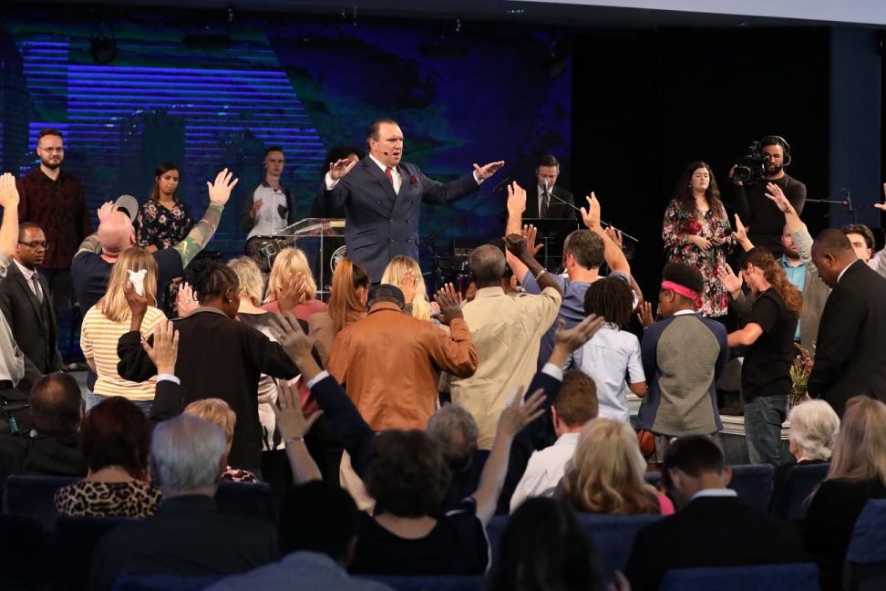 Pastor Rodney Howard-Browne is shown leading a service at the River at Tampa Bay Church in Florida on March 29, 2020.