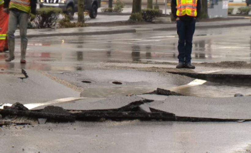 Richmond city crews at the site of a water main break on March 28, 2020.