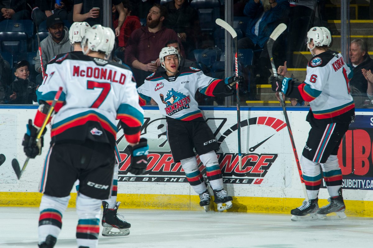Trevor Wong of the Kelowna Rockets celebrates a first period goal against the Lethbridge Hurricanes at Prospera Place on March 7, 2020.
