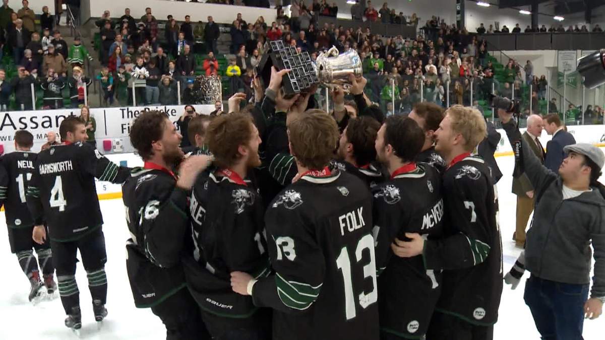 Saskatchewan Huskies celebrate their 11th Canada West title in team history. Their season came to a close with a loss to the Western Mustangs.