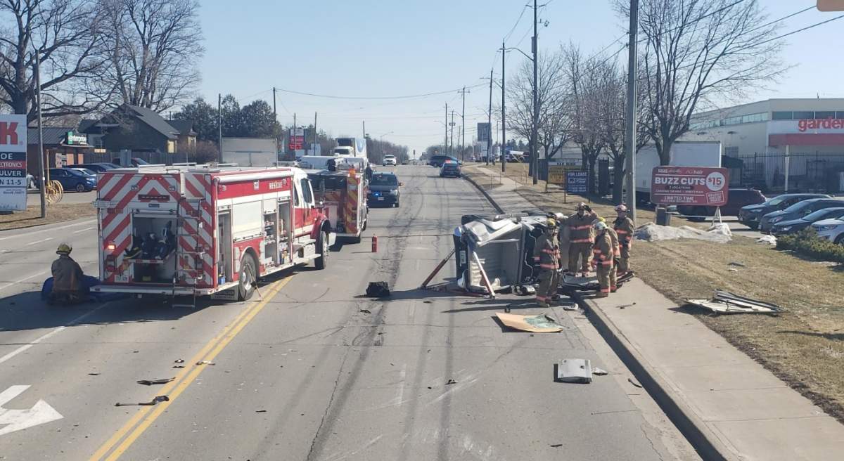 Emergency crews at the scene of a three-vehicle crash in Simcoe on Sunday.