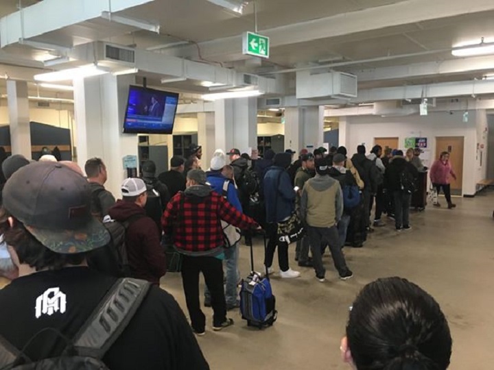 Workers gather at the Site C Two Rivers work camp near Fort St. John on Monday, March 16.