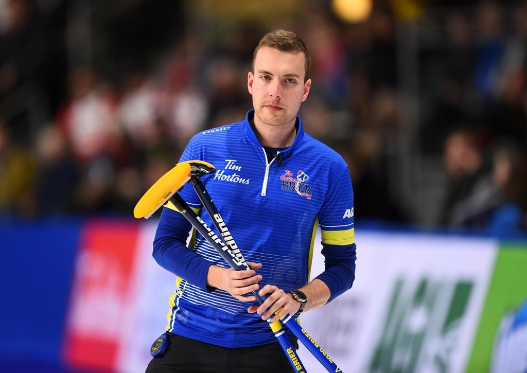 Team Alberta skip Brendan Bottcher makes his way down the ice after defeating Team Ontario during the championship round at the Brier in Kingston, Ont., on Friday, March 6, 2020. THE CANADIAN PRESS/Sean Kilpatrick.