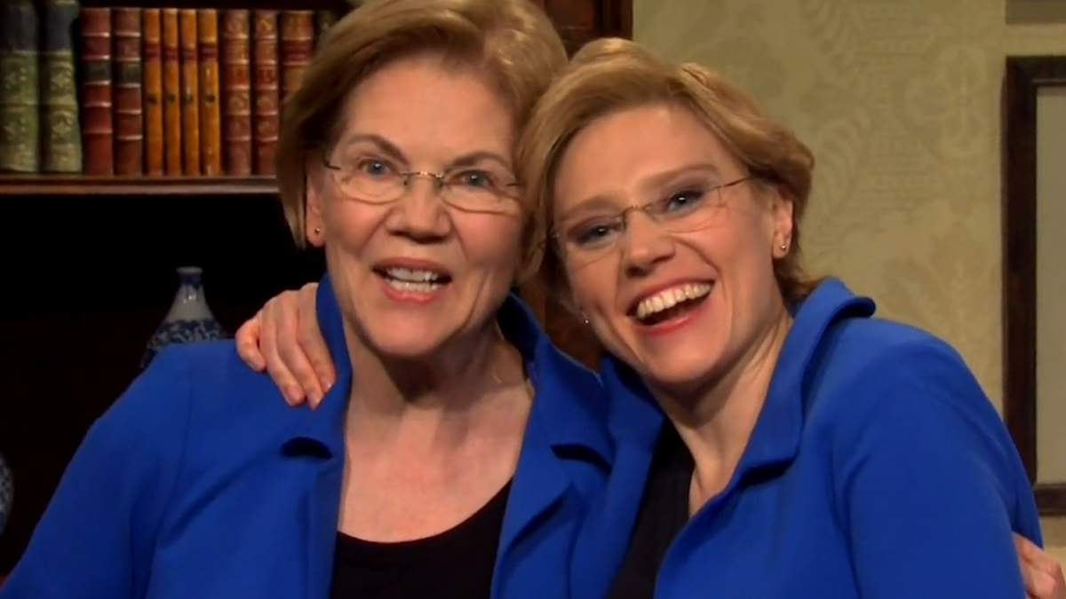Elizabeth Warren appears on SNL on March 7, 2020, with cast member Kate McKinnon.