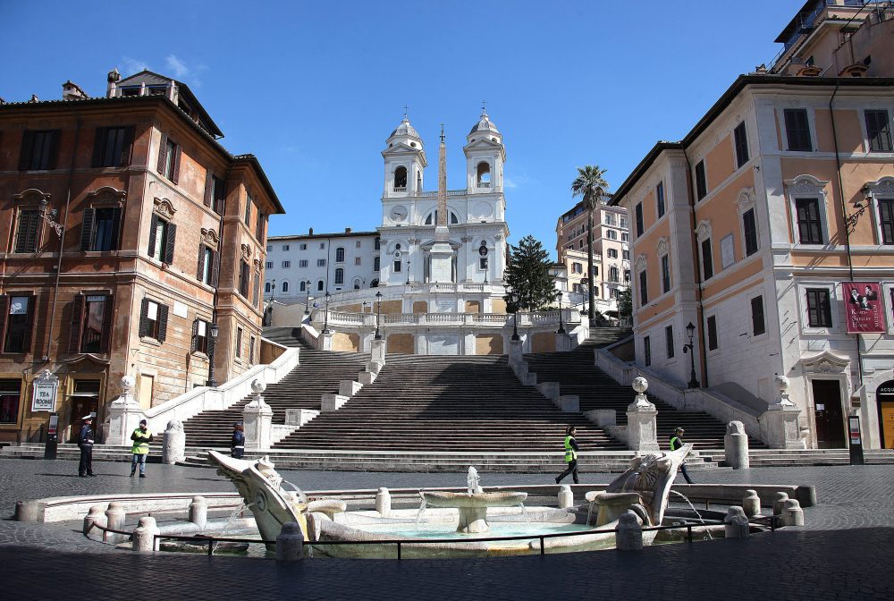 Rome’s Spanish Steps, a popular tourist attraction, are shown empty amid a sweeping lockdown to stem the spread of the novel coronavirus in Italy on March 12, 2020.
