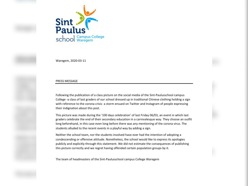 Sint Paulus school campus College Waregem shared a statement regarding the racist photo a group of students posed for, featuring stereotypical Chinese clothing and a “Corona Time” sign.