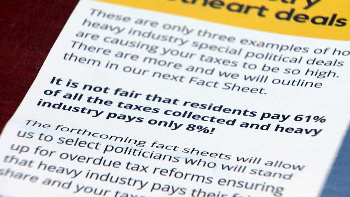 A line in the pamphlet reads “It is not fair that residents pay 61% of all the taxes collected and heavy industry pays only 8%!” J.D. Irving, LTD. disputes those numbers.