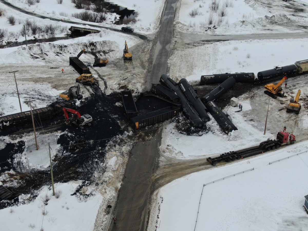 An aerial photo from the scene of a train derailment near Prince George.