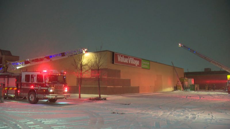 Firefighters respond to a blaze at a northeast Calgary Value Village on Friday, March 13, 2020. 