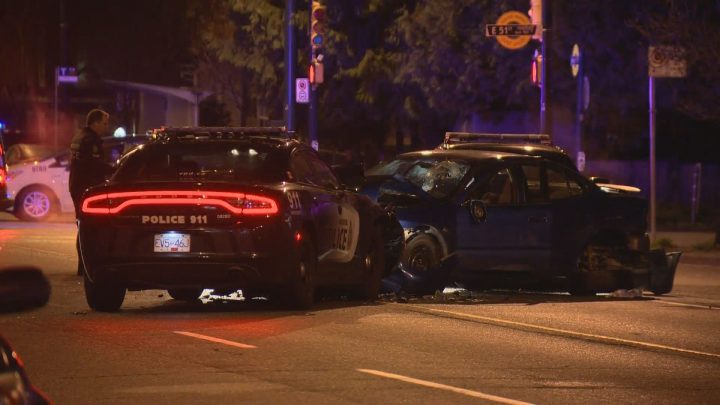 Vancouver police say a man is in custody after a vehicle collided with multiple police cars while avoiding a traffic stop early Tuesday.