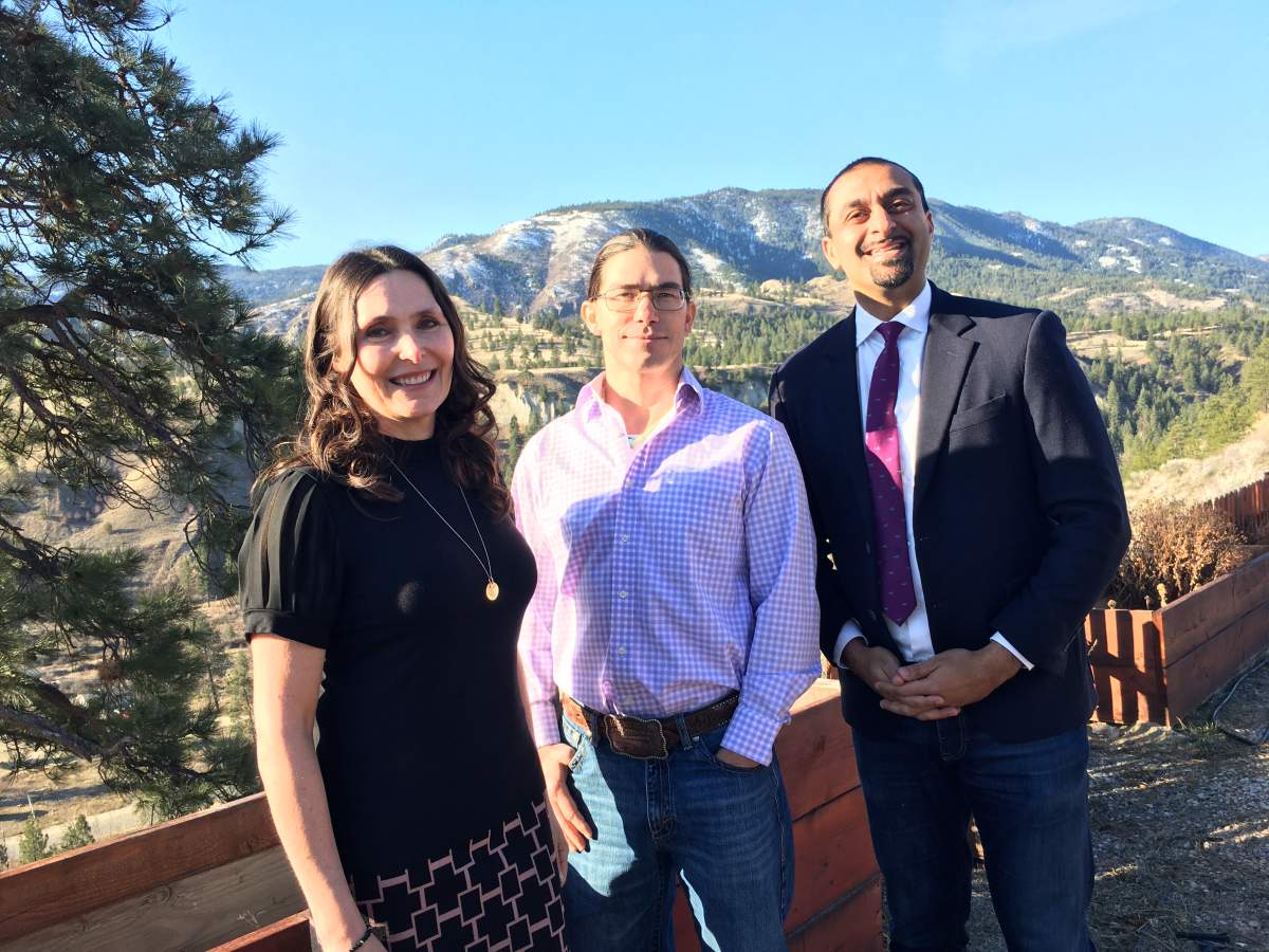 Karla Kozakevich of the Regional District of Okanagan-SImilkameen, Chad Eneas of the Penticton Indian Band and Ravi Kahlon from the B.C. Ministry of Forests pose at a grant funding announcement on the Penticton Indian Band reserve on Monday morning. 