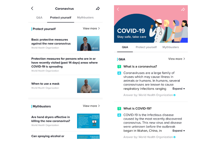 TikTok information pages about coronavirus