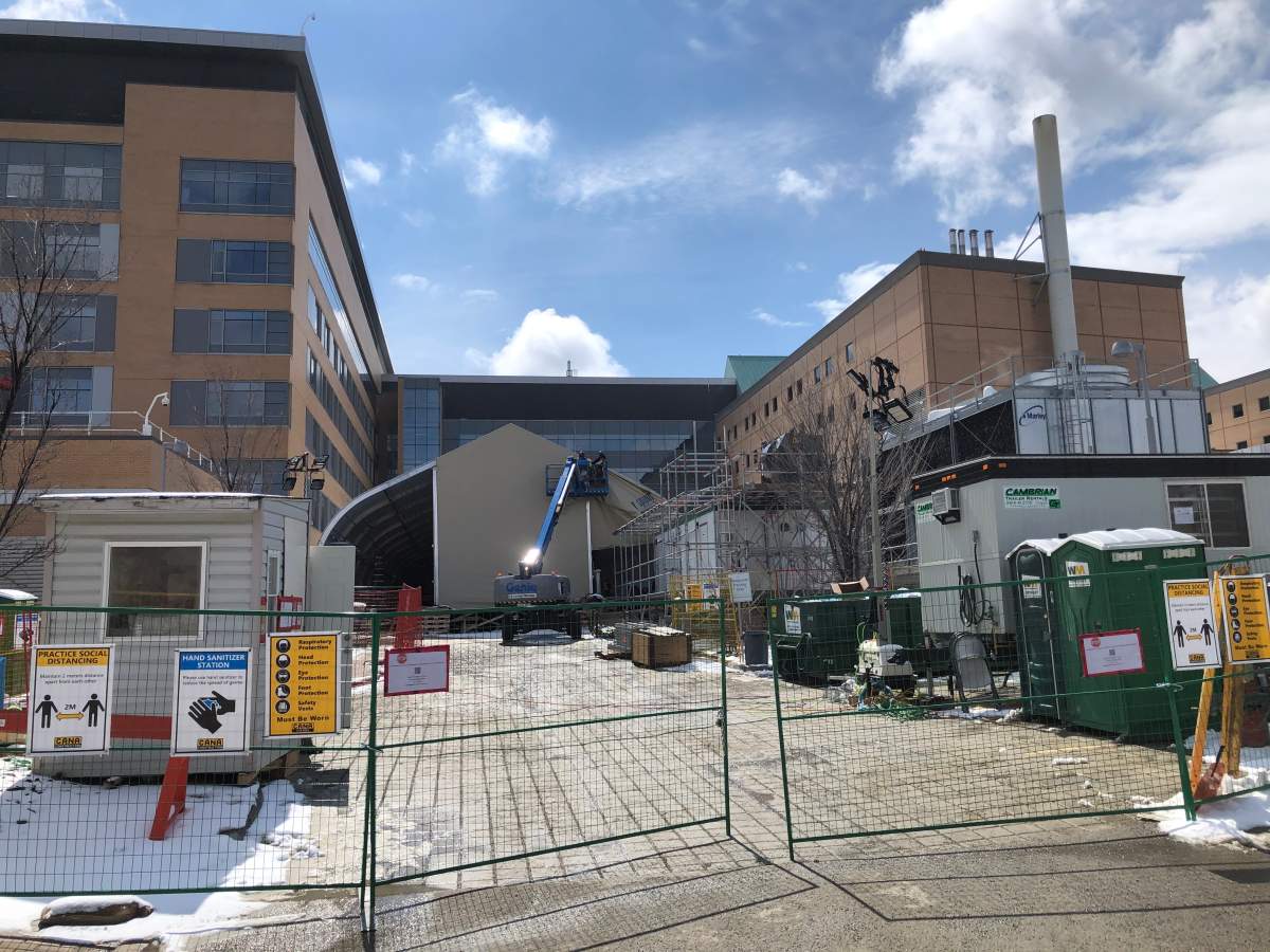 The temporary hospital expansion going up in the parking lot of the Peter Lougheed Centre in Calgary on April 15, 2020.