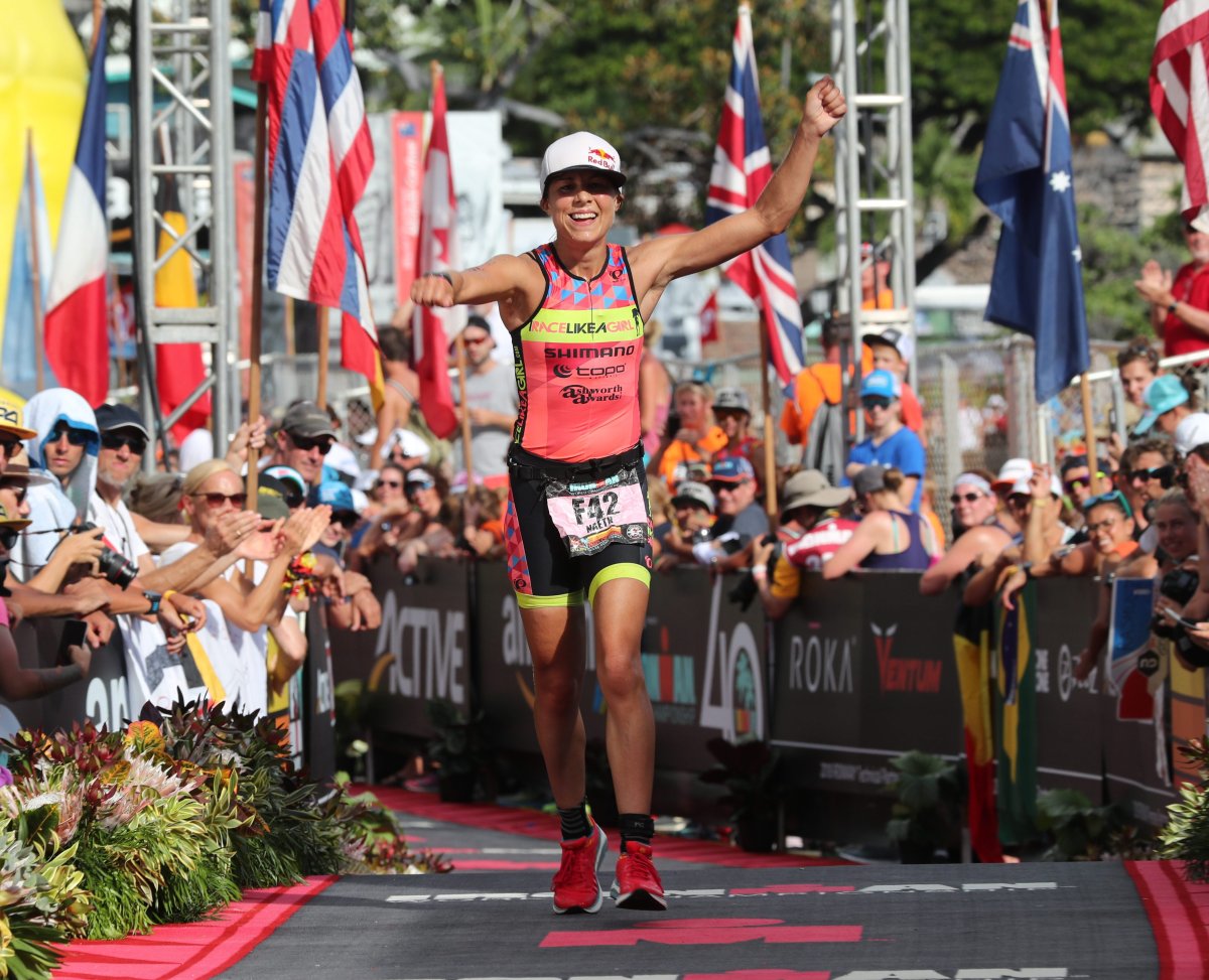Angela Naeth crosses the finish line, placing eighth during the 2018 Ironman World Championship Triathlon in Kailua-Kona, Hawaii, Oct. 13, 2018.